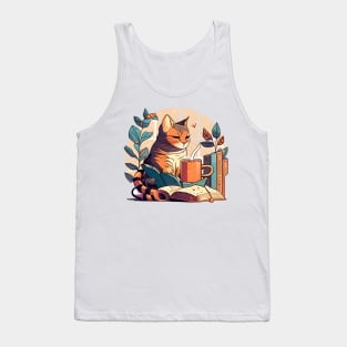 Foodilicious - Cat Caffeine Addiction Coffee And Reading Book Tank Top